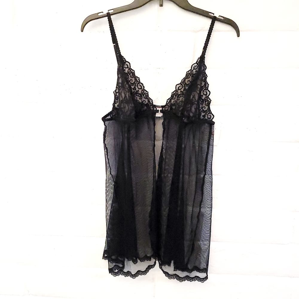 2000s Y2k Victoria's Secret Large Silky Black Nighty Babydoll Lingerie Lace